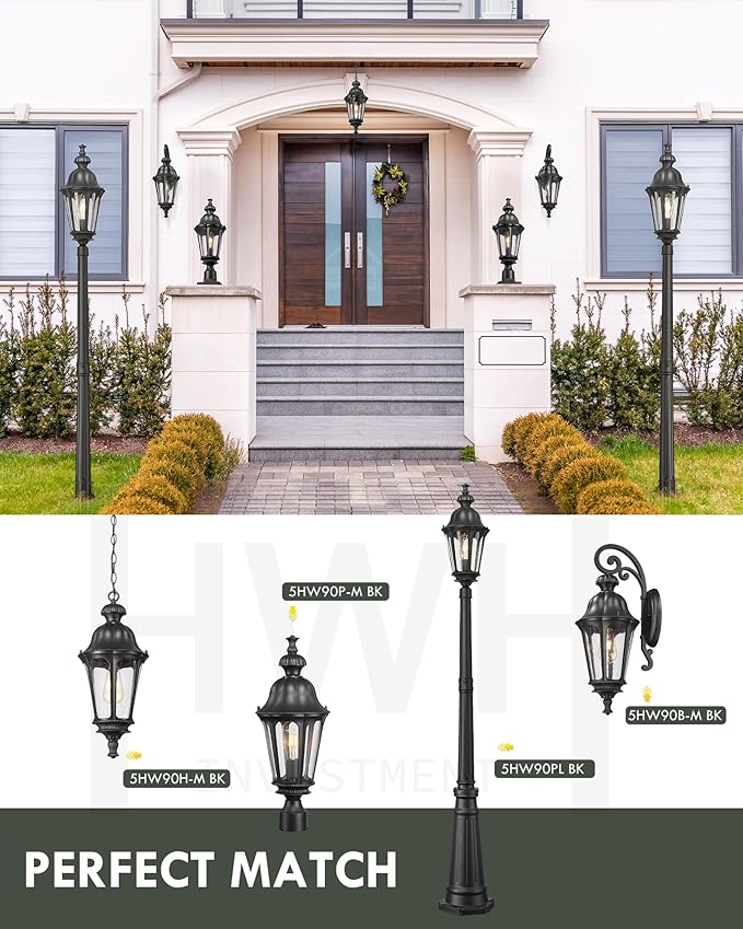HWH Outdoor Pole Lights with Post 85'' Aluminum Lamp Post Light Fixtures with Seeded Glass, Exterior Hardwired Street Light for Outside Yard Garden Pathway, Matte Black, 5HW90PL BK
