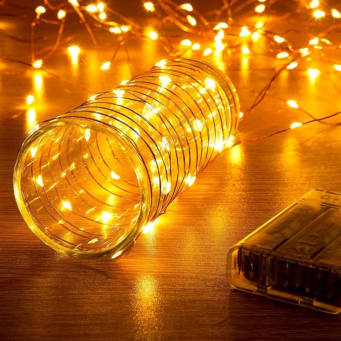 1 Pack 16.4ft Battery Operated String Lights with Timer, Warm White with Synchronized Twinkle Mode, Fairy Lights Battery Powered, 50 LEDs, Idea for Christmas Bedroom Party Wedding
