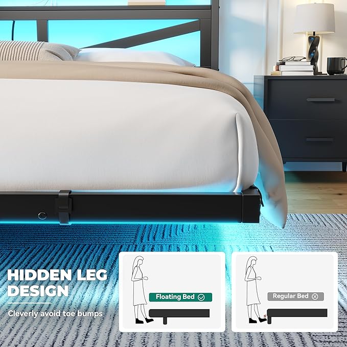 YITAHOME Queen Size Floating Bed Frame with USB Charging Station Storage Headboard and with Led Light, Heavy Duty Metal Platform Bed Frame, No Box Spring Needed, Easy Assembly and Noise Free, Black