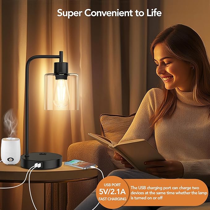QiMH Industrial Touch Control Table Lampwith 2 USB Ports and AC Outlet, 3-Way Dimmable Bedside Nightstand Reading Lamps with Light Bulb, Glass Desk Lamp for Bedroom, Office