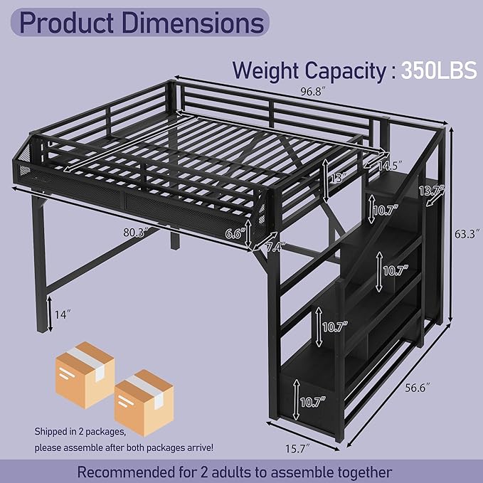 Bellemave Queen Loft Bed Frame with Storage Stairs, Beside Shelf & Wardrobe, Metal Queen Size Loft Bed with USB Ports & LED Light, Large Under-Bed Space Loft Beds for Adults, Teens, Kids, Black