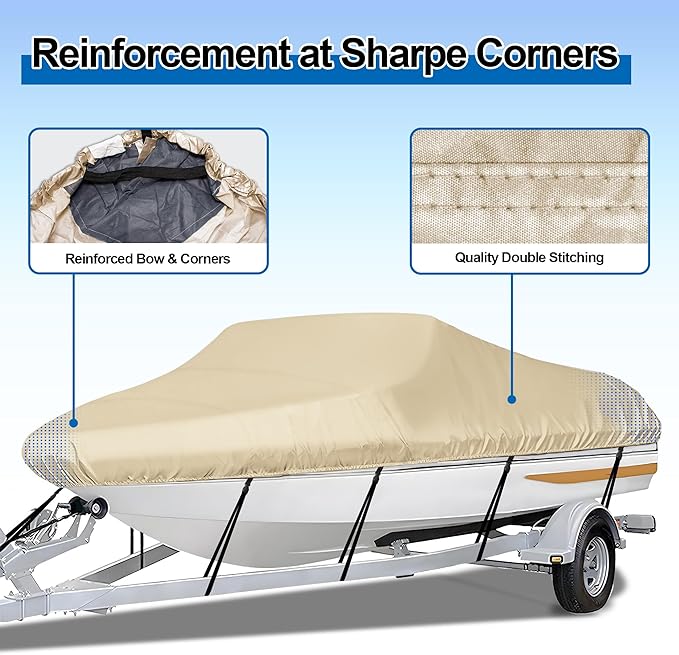 iCOVER Trailerable Boat Cover- 14'-16' Heavy Duty Waterproof Tarp Covers, Fits V-Hull, Fish&Ski, Pro-Style, Fishing, Runabout, Bass Boats, up to 14ft-16ft Long X 90" Wide