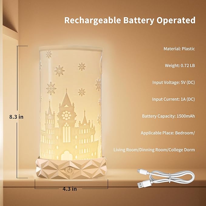 Indoor Battery Operated Table Lamp, 1500mAh Rechargeable Bedside Lamp 3 Color Temperatures with Rotatable Lampshade, USB C Charging Touch Control Nightstand Lamp for Bedroom, Dinning Room, Dorm