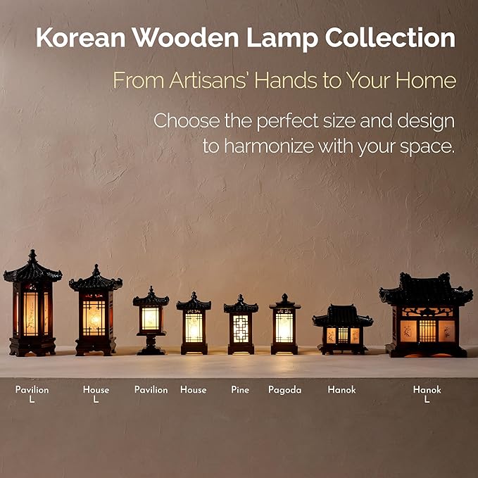 Traditional Korean Wood Lamp | Handmade Asian Oriental Table Lantern | Bedside Bedroom Accent Light | Unique Gift Idea | Pagoda Design (Brown) (House L)
