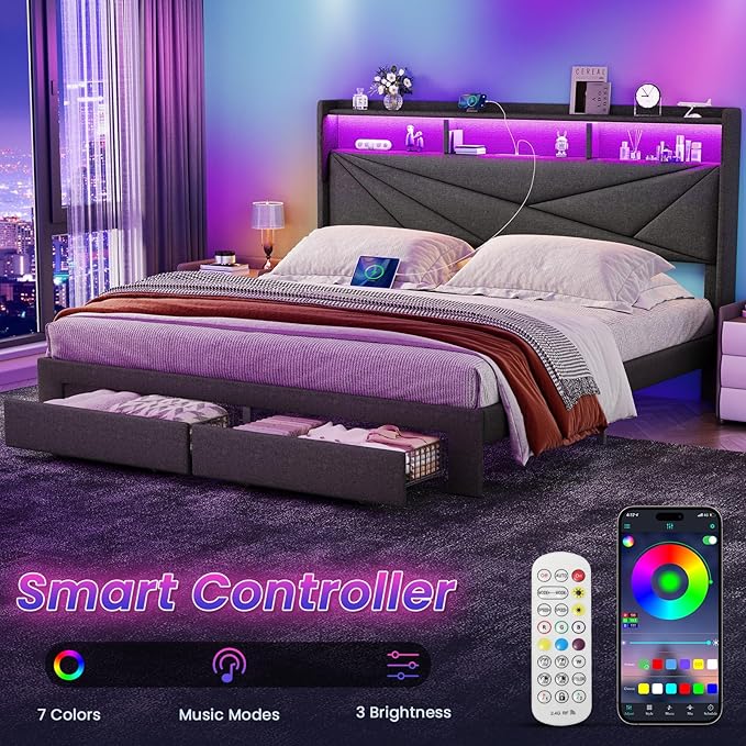 Full Size Bed Frame with 2-Tier Storage Headboard, Upholstered Full Bed Frame with 2 Drawers, Charging Station and LED Lights, No Box Spring Needed, Easy Assembly - Dark Grey