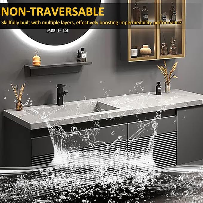 Modern Wood Bathroom Vanity - Additional Side Cabinets with Ambient Lighting & Glass Cabinet | Luxurious Bathroom Vanity with Sink, LED Defogging Function (64'')