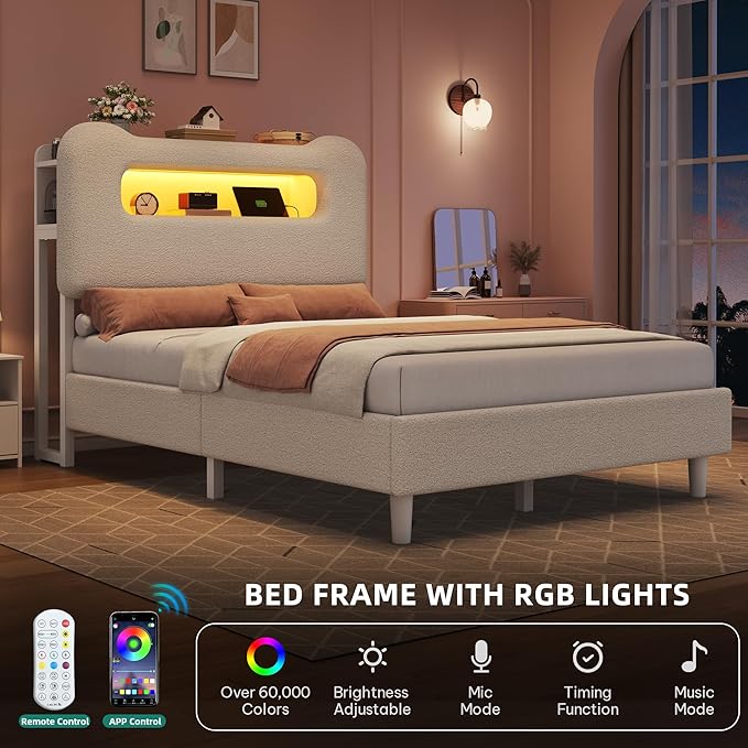 YITAHOME Twin Size Bed Frame, LED Bed Frame with Storage Headboard, Boucle Upholstered Bed with Outlet & USB Ports, No Box Spring Needed, Easy Assembly, Cream