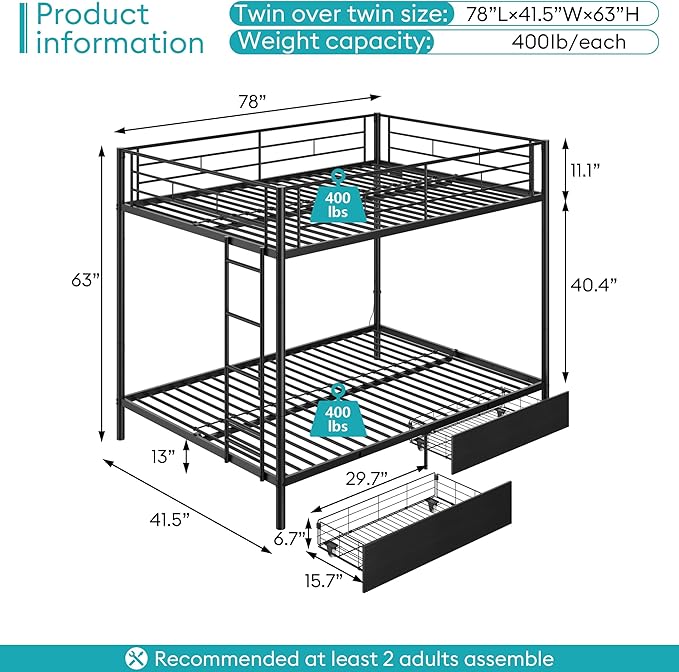 Twin Over Twin Metal Bunk Bed with LED Lights, USB Charging Station, 2 Drawers, Guard Rails & Ladder – No Box Spring Needed, Easy Assembly, Black