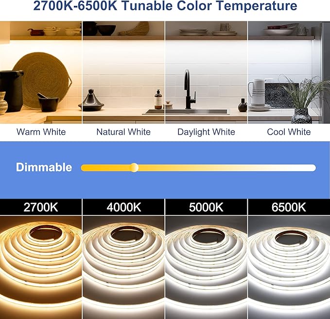 CCT COB LED Strip Lights,24.6ft Dimmable 2700K-6500K 24V Tunable White LED Light Strip Kit, High Density CRI 90+ LED Strips with Remote Controller and Power Supply, for Bedroom Kitchen Home Lighting
