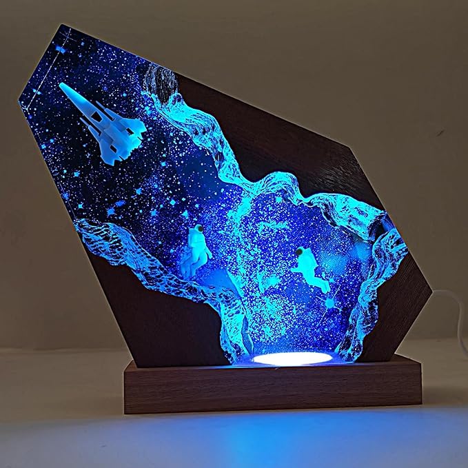 Space Resin Lamp - Handmade Galaxy Resin Night Light with USB Port, Variable Lights, Space Gifts for Adults, Astronaut Enthusiast Collectibles, Unique Birthday Gifts for Him & Her (8"x5")