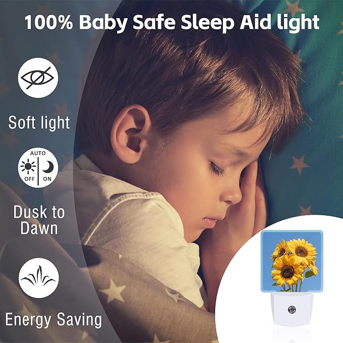 Blooming Sunflowers Night Light Plug into Wall, Summer Blue Sky Sunflower Dusk to Dawn Night Light,0.5w Energy Saving Sleep Friendly Nightlights for Kids Boys Girls Home