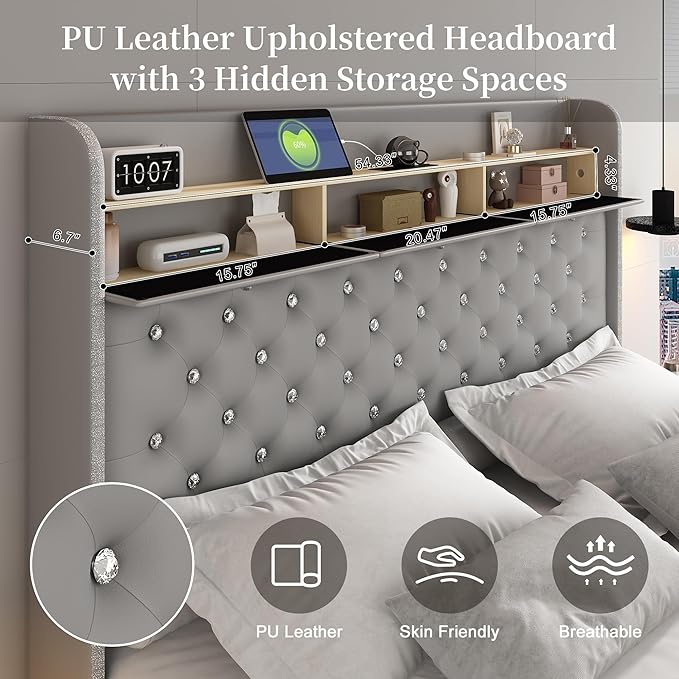Full Led Bed Frame with Galaxy Aurora Star Projector, 52" Diamond Upholstered Headboard Platform Beds with 2 Storage Drawers, Mattress Foundation with Charging Station, Noise Free, PU Grey
