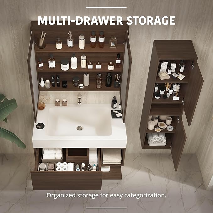42" Modern Floating Bathroom Vanity Set with Sink, Side Cabinet, LED Smart Mirror Cabinet, Soft-Close Drawer & Open Storage Shelves, Walnut