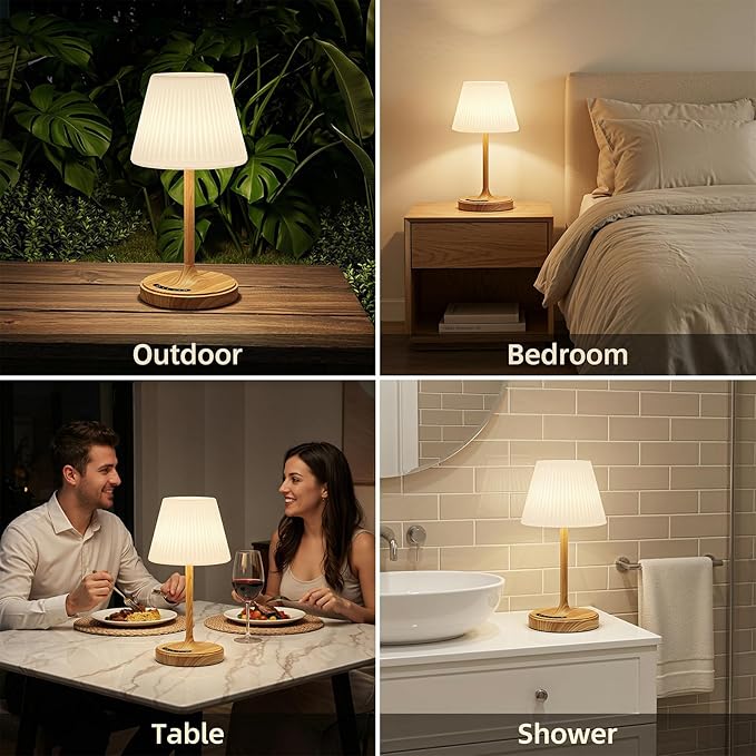 Cordless Table Lamp, Waterproof Shower Lamp, 4000mAh Rechargeable Table Lamps, 3-Color Dimmable Light, Battery Operated Lamp Desk Night Lamp for Bathroom Bedroom Patio Camping Restaurant (Wood Grain)