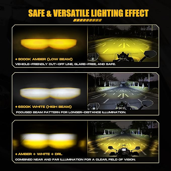 Future Eyes LED Motorcycle Fog Lights, 60W Auxiliary Driving Lights, High/Low Beam, Amber/White Daytime Running Light, Waterproof Off-Road Light for Motorcycles, ATVs, UTVs & Dirtbike