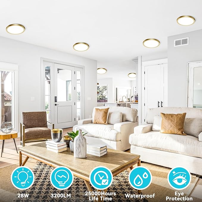 libtit 7 Inch Golden Flush Mount Ceiling Light, 15W Aureate Ceiling Light Fixture, 3000K/4000K/6500K Color Selectable, Gilded Round Ceiling Lighting for Bedroom Kitchen Pantry, 2Pack