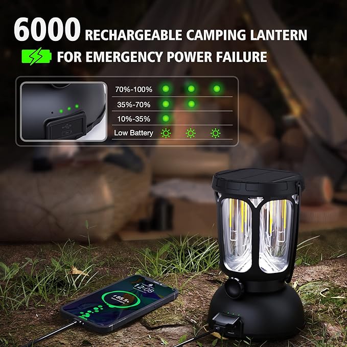 Raynic 6000 LED Camping Lantern Rechargeable, 650LM Hand Crank Solar Camping Light, Portable Battery Powered Lantern for Emergency, Power Outage, Hurricane, Outdoors