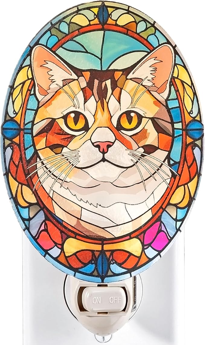 Persian Cat Stained Glass Styled Cat Night Light, Real Glass Plug-in Night Light with Vertical Outlet and On/Off Switch for Bedroom, Bathroom, Hallway, Home Decor
