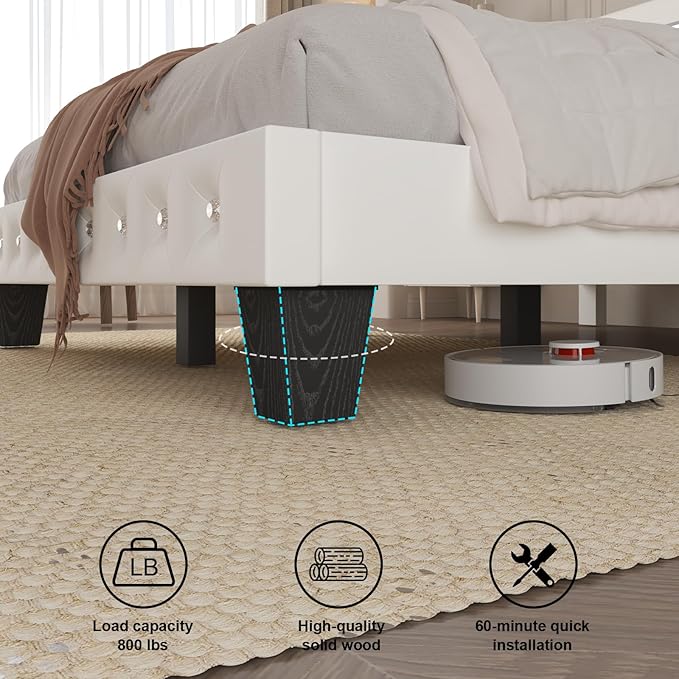 Full Size Bed Frame with LED Lights, Upholstered Platform Bed Frame, Adjustable Headboard with Charging Station, Wooden Slats Support, Easy Assembly, No Box Spring Needed, White