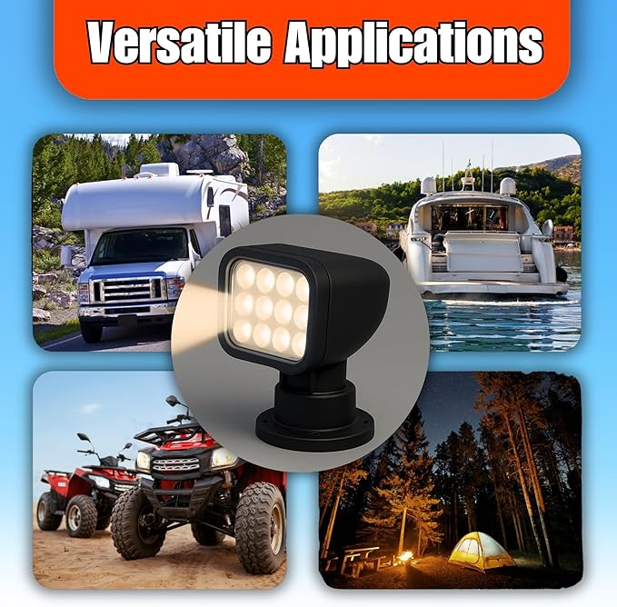 SEAFLO 360° Rotating Remote Control LED Searchlight, 10-30V, Auto-Reset, IP66 Waterproof, Marine Spotlight for Boats, Truck, Vehicles, CE & Rohs Certified (Wireless Remote/Black//Warm Light 2700K)