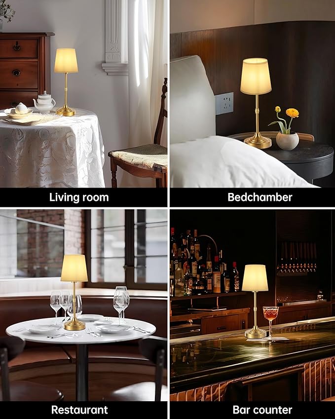 Portable LED Table Lamp, Rechargeable Cordless Desk Lamp with Fabric Shade, 6000mAh Battery Powered Besides Lamp, Stepless Dimmable, 2700K Warm Ambient Light for Indoor Outdoor (Gold)