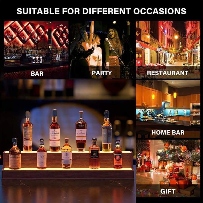 LED Liquor Display Shelf, Freestanding Bar Cabinet with 2-Tier Adjustable Glass Shelves, Modern Floor Standing Wine & Spirit Storage Rack for Home Bar, Restaurant