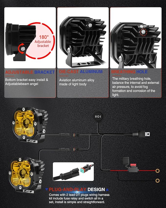3 inch Yellow LED Fog Light Pods for Offroad Trucks Pickup Motorcycle UTV Amber Ditch/Rear Chasing/A-Pillar Lights 3000K 2PCS(+DT Wiring Harness)