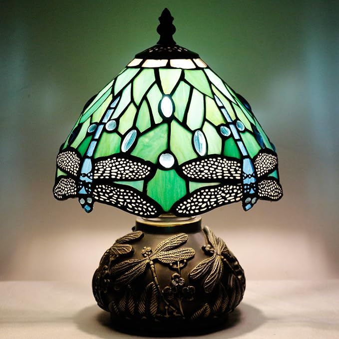 Small Tiffany Table Lamp Stained Glass Desk Lamp 8X8X11 Inch Accent Antique Light (Green Dragonfly)