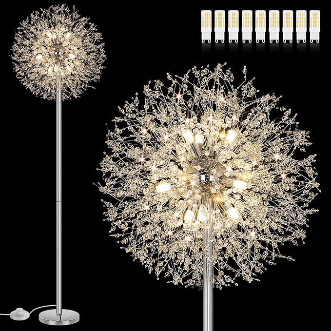 BesLowe 69'' Crystal Floor Lamp for Living Room, Modern Standing Lamp with 738PCS K9 Crystals, Tall Lamp Pole Light for Bedroom Office, Mid Century Silver Floor Lighting with 9 LED Bulbs, Chrome