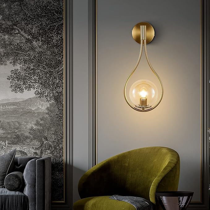 KCO Lighting Glass Globe Wall Mounted Sconce Gold Teardrop Wall Sconce Vintage Cordless Sconces Wall Lighting for Stairwell Bathroom Bedroom (Gold + Amber)
