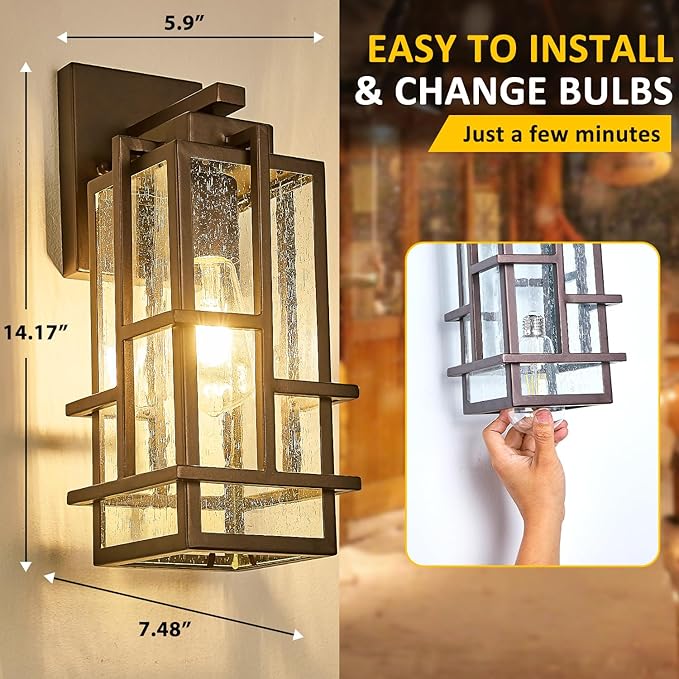 Outdoor Wall Light Fixture with Seeded Tempered Glass, Large Waterproof Outside Wall Coach Lantern with E26 Sockets, Brown Porch Sconces Lamp for House, Patio, Garage