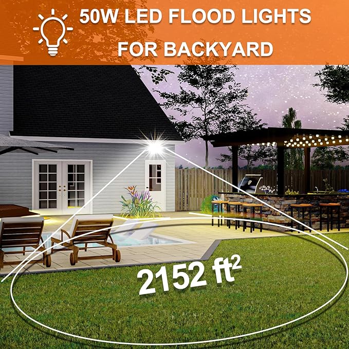 XXBSAZ 50W LED Security Flood Lights (2-Pack), 9000LM Super Bright for Home Safety, Easy 5-Min Plug-in, All-Weather IP66 Waterproof for Garages, Backyards, Driveways