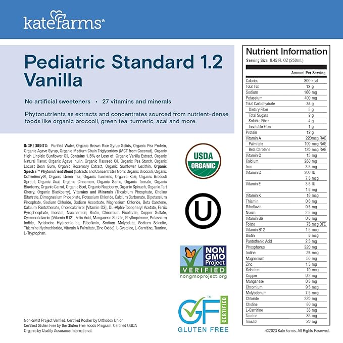KATE FARMS Organic Plant Based Pediatric 1.2 Sole Source Vanilla Nutrition Shake, 12g of protein, 27 Vitamins and Minerals, Meal Replacement Drink for Kids, Non-GMO, 8.45 Fl oz (Pack of 12)