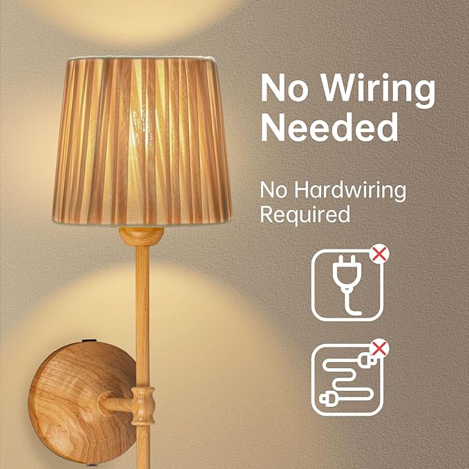 Wall Sconces Set of 2, Wood Grain Fabric Shade Wall Lights with Touch & Remote Control, Plug-in Dimmable Wall Lamps, 3 Color Temps for Bedroom, Living Room, Hallway