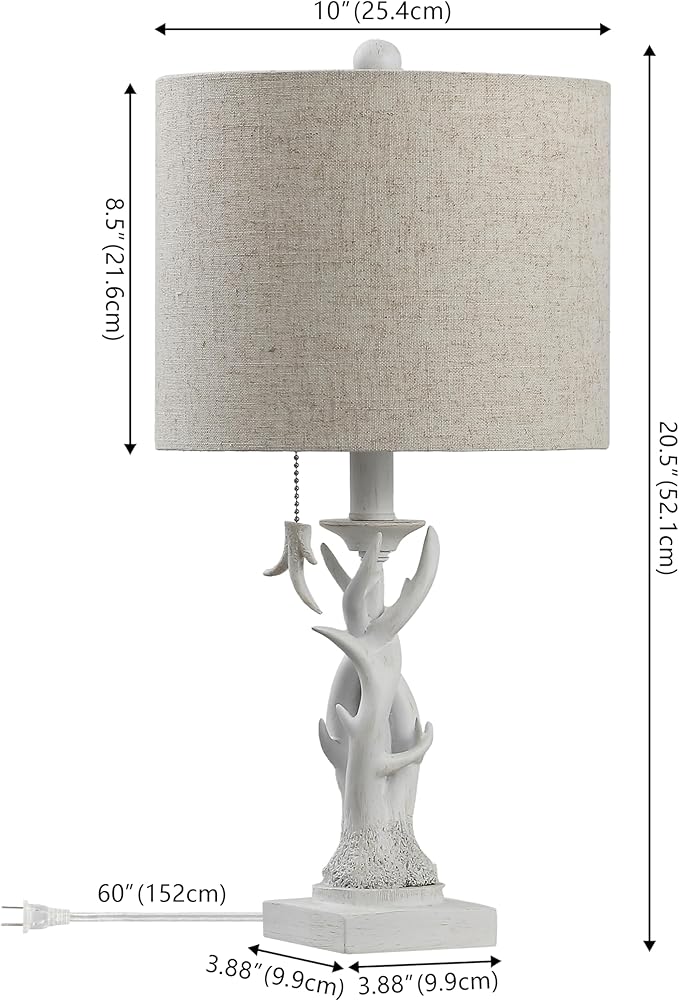 JONATHAN Y JYL1031C 20.5" Rustic Faux Antler Table Lamp for Living Room Bedroom, Farmhouse Lodge Cabin Style Bedside Nightstand Lamp with Grey Linen Drum Shade and Pull Chain, Antique White