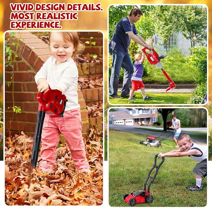 3 Pcs Toy Gardening Tool Set for Kids Toy Leaf Blower Weed Trimmer Push Lawn Mower Pretend Play Set with Lights and Sounds Christmas Birthday Gifts for Boys Girls
