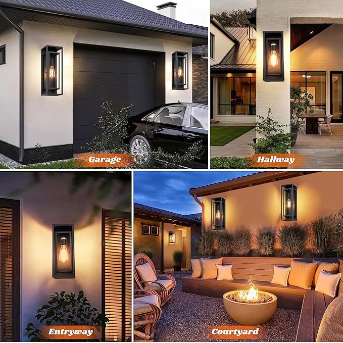 6Pack 18inch Outdoor Wall Light Fixtures,Exterior Waterproof Lanterns,Porch Sconces Wall Mounted Lighting with E26 Sockets & Glass Shades,Modern Matte Black Wall Lamps for Patio Front Door Entryway