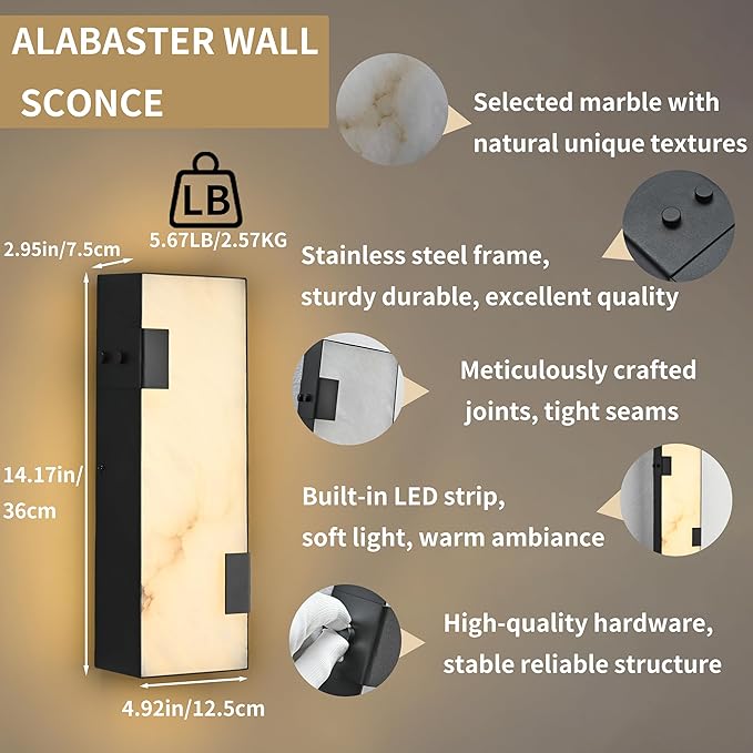 Modern Alabaster Wall Sconce 14.17” Black Frame with Natural Marble Shade Dimmable 3000K Warm Glow Light for Bedroom Hallway Fireplace Staircase
