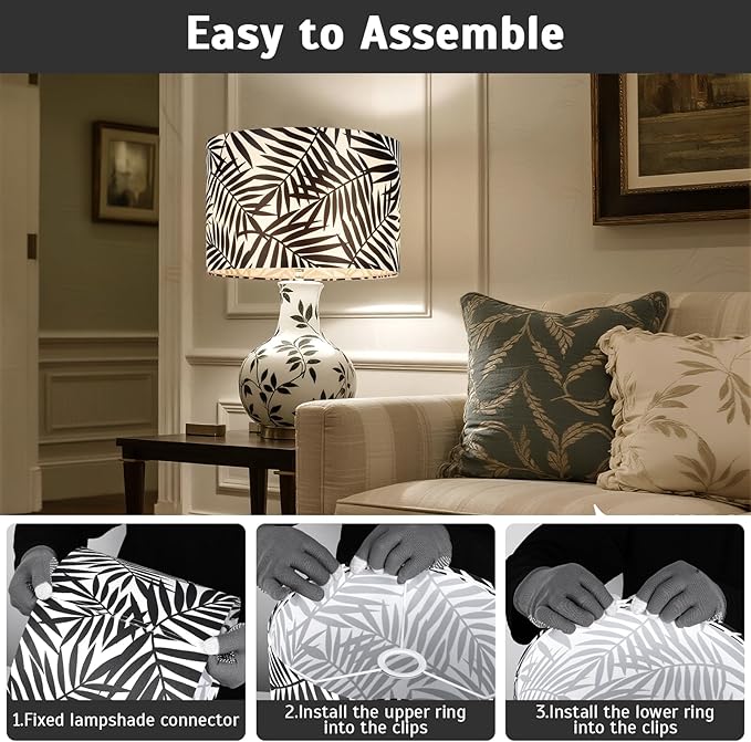 Drum Lamp Shades Set of 2,13"x10" Decorative Fabric Lampshades for Table Lamps,Floor Lamps and Chandeliers,Replacement Light Shades with Black Tropical Leaf Art Print,Spider Fitter,Fits E26 Bulbs