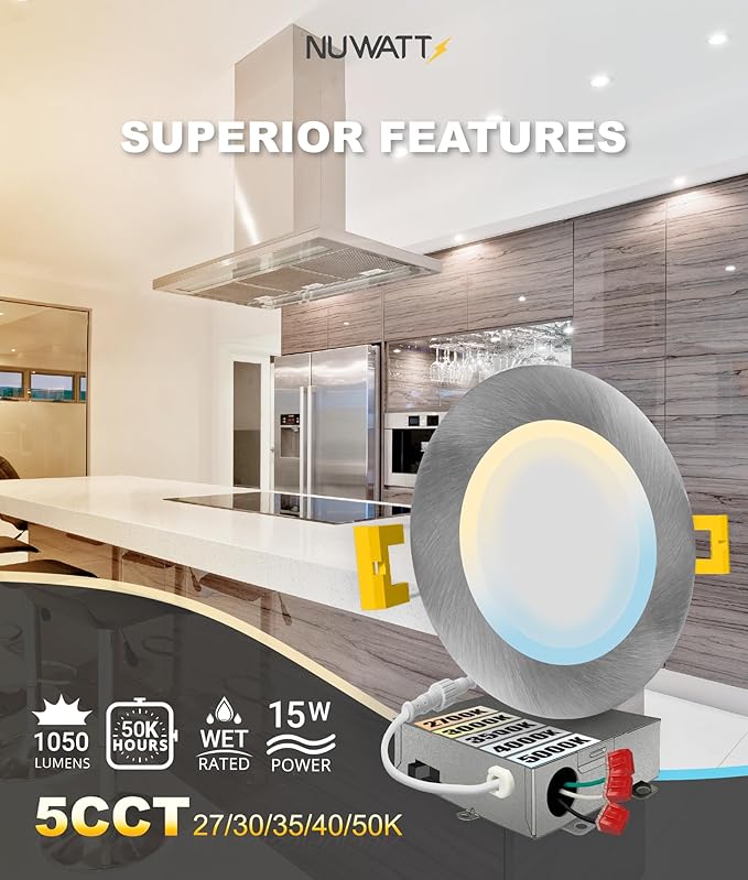 NUWATT 12 Pack 6 Inch Ultra Thin LED Recessed Lighting, Selectable 2700K/3000K/3500K/4000K/5000K, High Brightness 1050 Lumens, Dimmable, IC Rated, Brushed Nickel Canless LED Wafer Lights, Metal J-Box