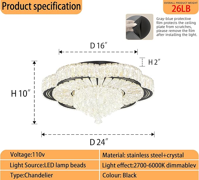 Modern Empire Crystal Chandelier Black 24inches Crystal Raindrop Ceiling Light for Living Room Bedroom LED Infinity Dimmable 3000-6000K
