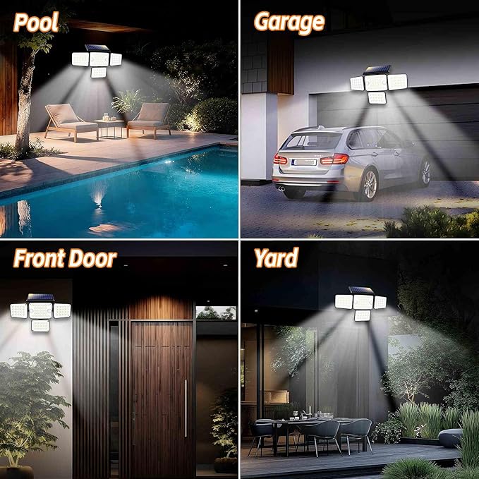 Solar Lights Outdoor 336 LED, Motion Sensor Security Wall Light with Remote, Split 4-Head Adjustable Design, 2400mAh Battery, Waterproof IP65 Garage, Driveway, Garden, Courtyard Lighting（1Pack
