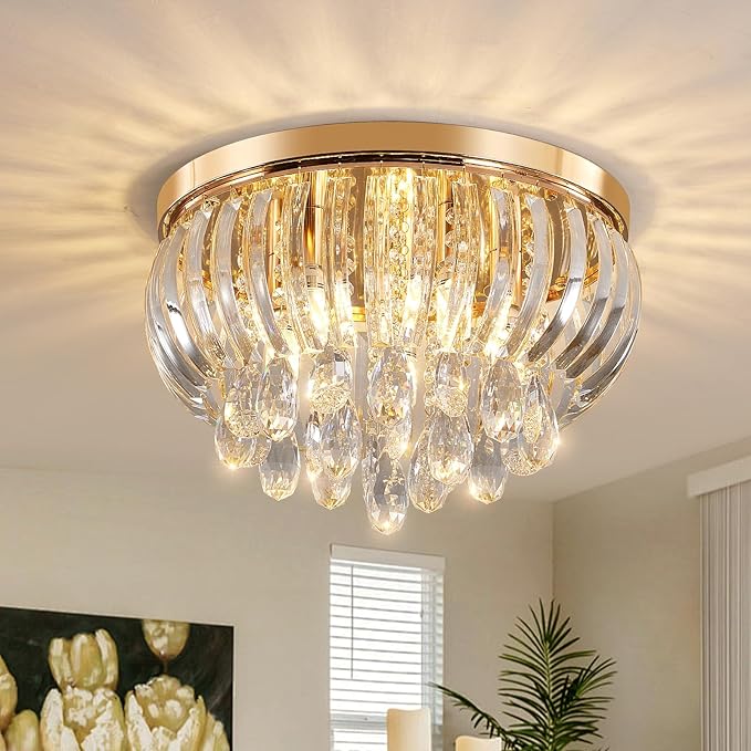 15.7 Inch Crystal Chandelier Gold,Modern 5-Lights Crystal Flush Mount LED K9 Chandeliers Light Fixture for Bedroom Dining Living Room Hallway E12