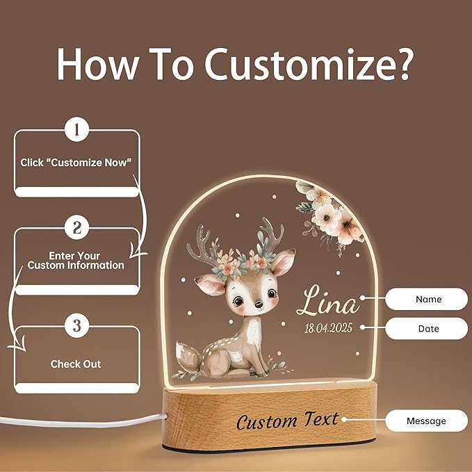 Personalized Baby Gifts Animal Night Light, Custom Name LED Lamp, Perfect Baby Shower Newborn Christmas Gifts for Boys Girls, Safari Jungle Animal Acrylic Plaque Lamp for Bedroom Nursery Decor