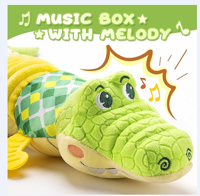 Baby Toys 0 to 12 Months, Musical Stuffed Animals Activity Soft Toy with Multi-Sensory Crinkle, Rattle and Textures, Infant Tummy Time Toys for Newborn Boys Girls, Crocodile, Green