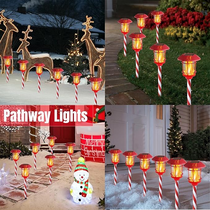 Dynaming 6 Pack Christmas Solar Flame Garden Lights Outdoor, Dual Use Flickering Flame Torch Candy Cane Pathway Marker, Xmas Hanging Lantern Lights, Waterproof & Auto On/Off for Patio Walkway Driveway