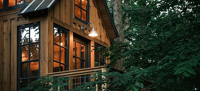 Steel Lighting Co. Hawthorne Barn Light | Outdoor Wall Mounted | 8 inch Dome | 11" Straight Arm | Small Farmhouse Light Made in America | Modern Gray Exterior/Brass Interior