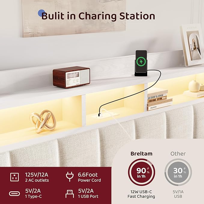 King Size Bed Frame with 2 Storage Drawers, Wood Platform Bed Frame with 2-Tier Storage Headboard Built in Charging Station & LED Light,Noise-Free/Metal Support/No Box Spring Needed,White