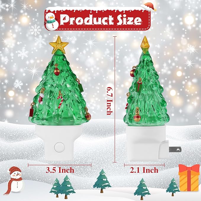 2 Pack Christmas Night Lights Plug into Wall Glitter Christmas Tree Nightlights with USB/Outlet Options, Xmas Night Lights Decorative for Bedroom Living Room Kitchen Holiday Decorations Gifts (Tree)