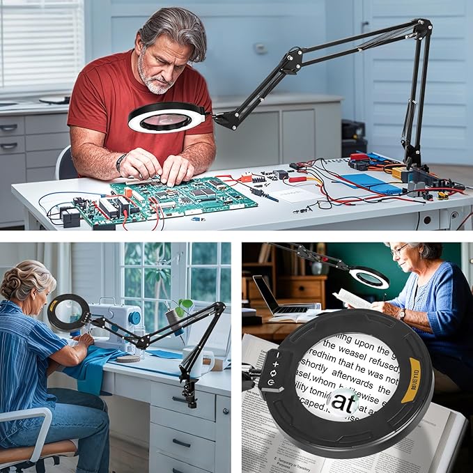 Ultra Long 3-Section Swing Arm 12X Magnifying Glass with Light and Stand, 4-way Large Strong Metal Clamp Lighted Magnifier Lamp, 5 Color Modes LED Magnifying Lamp for Workbench, Crafting, Hobby